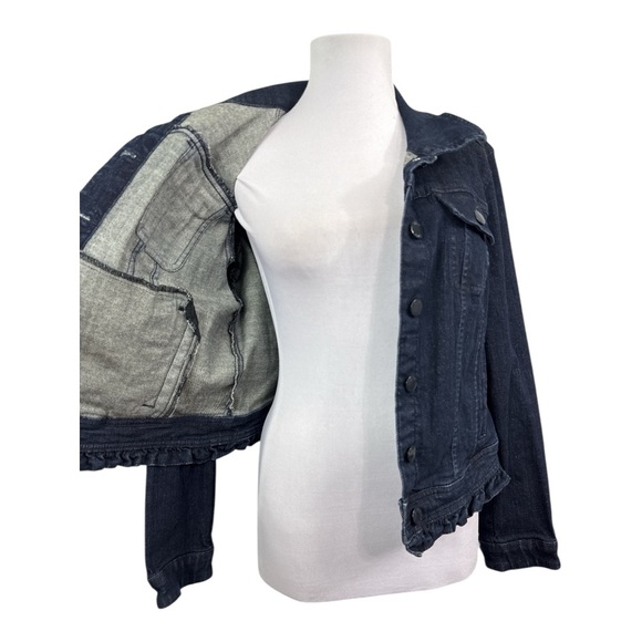 ELLE Women's Large Denim Jean Jacket Dark Blue Wash Cotton Stretch Pockets - Picture 5 of 8